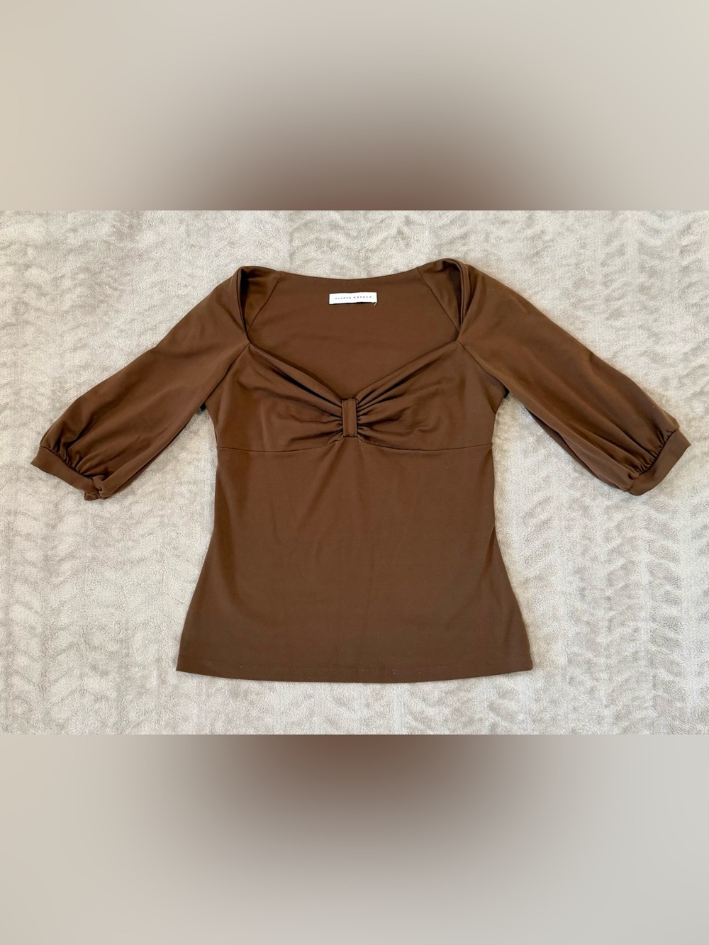 Susana Monaco Womens Large Brown Sweetheart Neck Cinch Front Top 3/4 Puff Sleeve